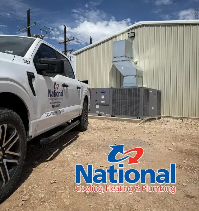 National Heating, Cooling and Plumbing in Odessa, TX, installing a brand new commercial HVAC unit.